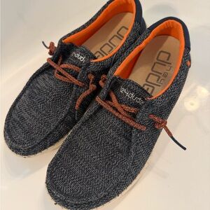Hey Dude Boys size 5, Ladies size 6 Navy and Orange Casual Shoes